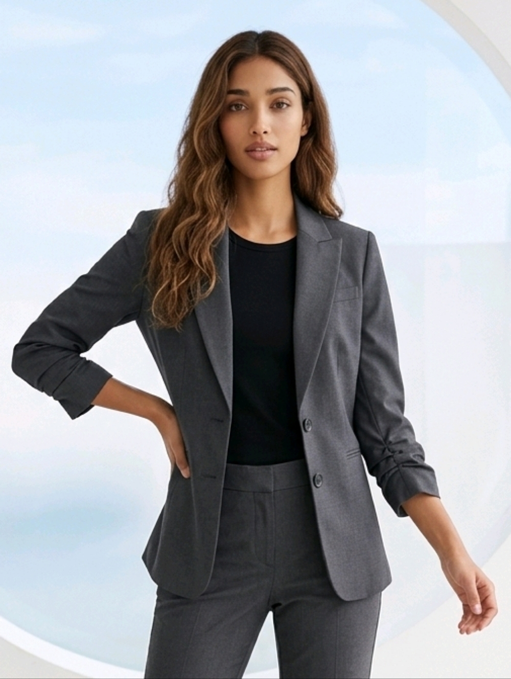 Tahari Ruched 2-Button Gray Blazer Womens Notch Collar Suit Jacket Size 6 Career